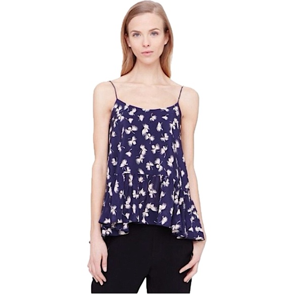 CLUB MONACO BENICIA CAMISOLE TANK TOP BLOUSE NAVY FLORAL RUFFLE PEPLUM SILK XS - Picture 1 of 7